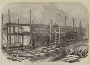 1855年の入学式に登場した蒸気船「リヴァイアサン」（グレート・イースタン号）（版画 作： English School