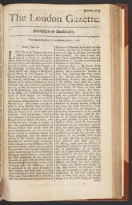The London Gazette, issue 5655, page 1, 28th June 1718 (print) 作： English School