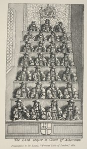 主市長とアルダーメンの裁判所、デローンズアングリアメトロポリスの前頭絵、1681年 作： English School