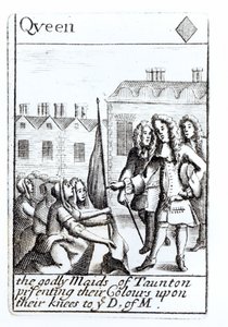 1685年6月18日、モンマス公爵の前でひざまずくトーントンの乙女たち、モンマスの反乱を記念したセットのダイヤモンドの女王トランプ 作： English School