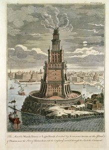 アレクサンドリア港近くのファロス島にプトレマイオス・ソテルによって建てられた大理石の監視塔または灯台（カラー版画）