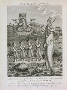マローのアバター、または大洪水の間に失われた神聖な本を取り戻すための魚の形の最初のヴィシュヌの化身、バーロウによって彫刻 作： English School