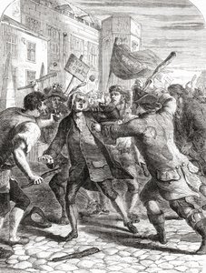 1780年のゴードン暴動の際、イギリス・ロンドンのウェストミンスター、パレスヤードで国会議員を襲撃した「ノー・ポパリー」暴徒たち。 作： English School