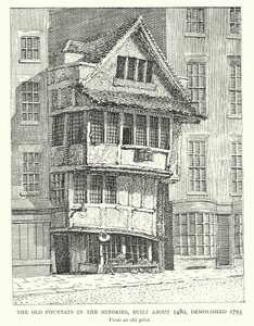 1480年頃に建造され、1793年に取り壊されたミノリーズの古い噴水（エングレーヴィング） 作： English School