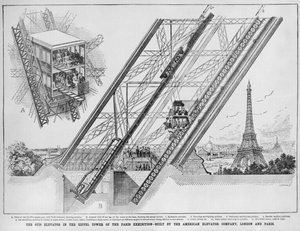 1889年にアメリカのエレベーター会社、パリとロンドンによって建てられたエッフェル塔のオーティスエレベーター（彫刻 作： English School