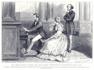 1842年、バッキンガム宮殿でメンデルスゾーンの前でオルガンを演奏する王子の配偶者 作： English School