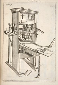 印刷機、パブ。 1683年の彫刻。 作： English School