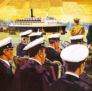 マンハッタン島のニューヨークの港に到着するQE2 作： English School