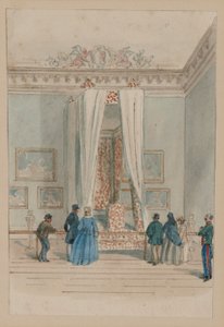 アン女王の州のベッドを備えた女王の寝室、1860〜70年頃（紙に水彩）