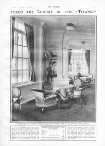 1912年4月27日、 『The Sphere』より、タイタニック号の船内の読書室 作： English School