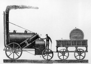 1829年にジョージ・ステファンソンとロバート・ステファンソンがリバプール-マンチェスター鉄道のために設計・製造した蒸気機関車「ロケット」(彫刻) 作： English School