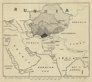 Mervのロシア併合、1734年、1836年、1863年、1867年、1874年、1876年、1881年、1884年のインドへのロシアの前進を示す地図 作： English School