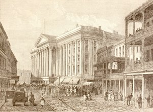 1880年代のニューオーリンズ、セント・チャールズ・ストリートのセント・チャールズ・ホテル（リトグラフ）。