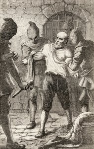 スペインの異端審問中のジョージペンのむち打ち、1865年頃（木の彫刻） 作： English School