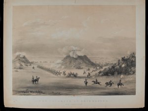1845年に出版されたポールガウチ（1834-66）によって彫刻された、1845年、ズワートコピエ近くのドリーコッペンでの小競り合い 作： English School