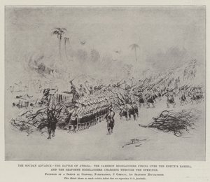 スーダン進攻、アトバラの戦い、キャメロン・ハイランダーは敵のザレバの上で射撃し、シーフォース・ハイランダーは開口部から突進する（リトグラフ）。 作： English School