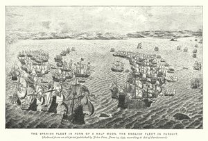 半月の形をしたスペイン艦隊、追跡中のイギリス艦隊 作： English School