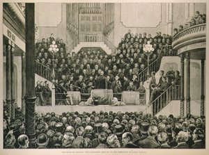 アイルランドの状態：1882年1月14日、イラストレイテッドロンドンニュースより、ダブリンの展示棟での家主会議 作： English School