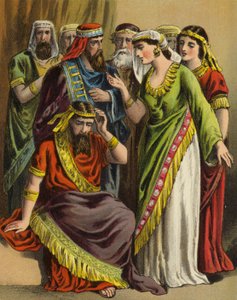 エステル王妃の物語。ハマンは妻のゼレシュとその友人たちの前で不満を述べる（カラーリトグラフ 作： English School