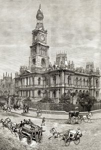 シドニー市庁舎、1880年頃、ハワードウィロビー著「オーストラリアの写真」より、ロンドン宗教宗教協会発行、1886年 作： English School