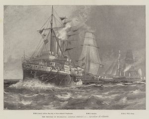 ニカラグアのトラブル、コリントのスティーブンソン提督の艦隊（版画 作： English School