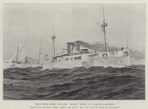 ハバナ港で爆破されたアメリカ軍艦「メイン」（リトグラフ版 作： English School