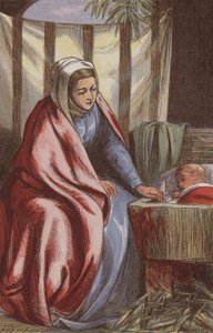 眠っている幼い救世主を見守る聖母マリア（彩色済み彫刻 作： English School