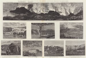 ニュージーランドの温泉湖地方にあるタラウェラ山の火山噴火とワイロア村の破壊（版画 作： English School