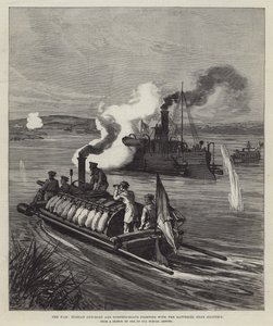 戦争、シリストリア付近で砲台と戦うロシアの砲台と魚雷艇（彫刻作品 作： English School
