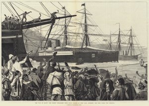エジプト戦争、ポートサイドでスコットランド衛兵を乗せたオリエント蒸気船がイスマイリアに向けてスエズ運河に入っていく様子（エングレーヴィング 作： English School