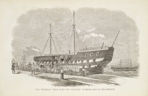 ロンドンの刑務所刑務所とヘンリーメイヒュー（1812-87）とジョンビニー、1862年の刑務所生活のシーンから遠くに硫黄の洗浄船を持つ戦士ハルク 作： English School