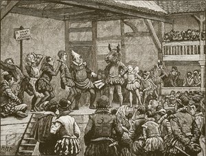シェイクスピアの一人の演技は、エリザベス女王の時代に演じます。カッセルズイラストレイテッドイングランドオブイングランドのイラスト（セピア写真） 作： English School