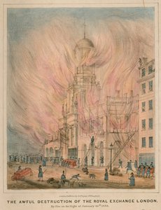 1838年1月10日の夜の火事によるロンドン王立取引所の恐ろしい破壊 作： English School