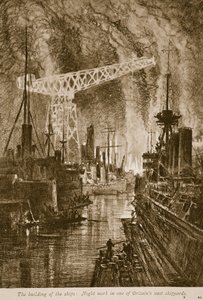 船の建造：1914〜19年、イギリスの広大な造船所での夜間作業 作： English School
