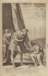 マケドニア戦争でLucius Aemilius Paullusの足元にいる敗北したペルセウス（エングレービング） 作： English School