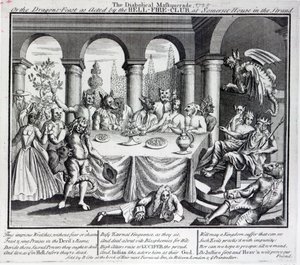 悪魔のような仮面舞踏会、または地獄のサマセットハウスでの地獄の火クラブによって演じられたドラゴンのごちそう、c.1721 作： English School