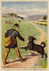 怯えた郵便配達員が差し出した棒を犬が取り押さえた（カラーリトグラフ） 作： English School