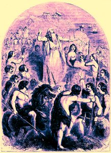 ドルイド人が英国人にローマ人の上陸に反対するように扇動し、Cassells Illustrated Universal Historyのエドワード・オリエールによるイラスト、1890年に発行（デジタル強化画像） 作： English School