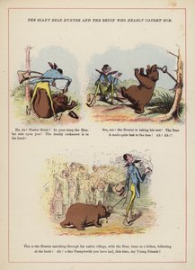 巨大な熊の狩人とそれを捕らえかけたBruin（カラーリトグラフ 作： English School