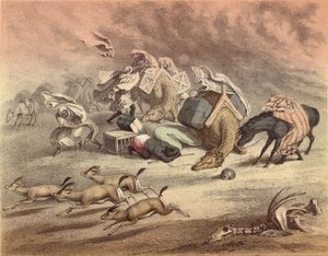大きなアフリカの砂漠、ラクダ、馬、ロバのキャラバン、シモームに追い越され、おびえたガゼル 作： English School