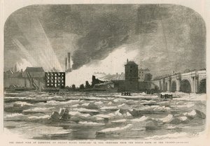 テムズ川の北岸からスケッチされた1855年2月14日金曜日の夜のバンクサイドでの大火