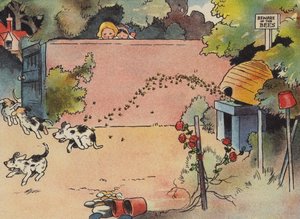 好奇心旺盛な子犬たち、こんなサプライズがあったんですね。カラーリトグラフ 作： English School