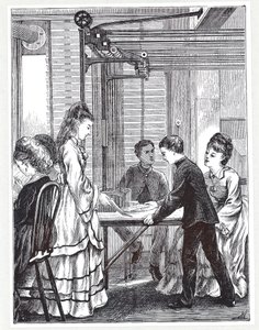 1871年のグラフィックから、ロンドンのテレグラフストリートの郵便局電信本部でメッセージを運ぶための道具 作： English School