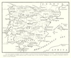 1898年の米西戦争で、かつての広大なスペインの帝国の名残は消滅した（リトグラフ） 作： English School