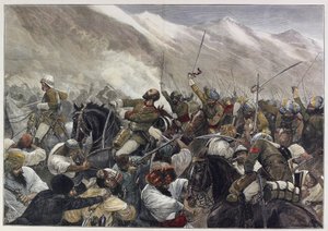 アフガン戦争末期：フッテハバードの戦いでウィグラム・バティー少佐の死 4月30日（カラー彫刻版 作： English School