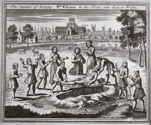 刑務所で亡くなったフィールドにWmワイズマンを埋葬する方法、Foxes Martyrs c.1703の図解 作： English School
