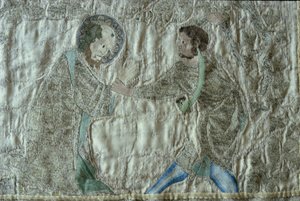 聖人の殉教、スティープルアストンコープの正面からの細部、c.1340s（シルバーゴールドの糸と子鹿のシルクツイルのカラーシルク） 作： English School