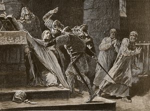 カンタベリー大聖堂のベケットの殺害、カッセルズのイラスト入りイングランドの歴史（イラスト、セピア写真） 作： English School