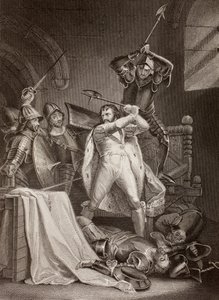 1400年、イングランドのリチャード2世がポンテフラクト城で殺害された事件（リトグラフ）