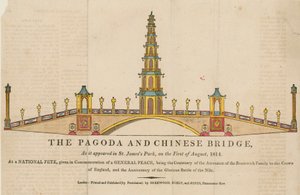 1814年8月1日にロンドンのセントジェームズパークに現れた塔と橋 作： English School